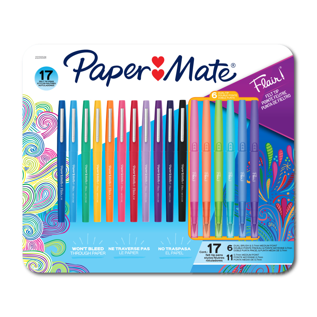 Paper Mate Flair Felt Tip Pens Variety Pack, Features Medium and Dual-Brush Pens, Assorted, 17 Count