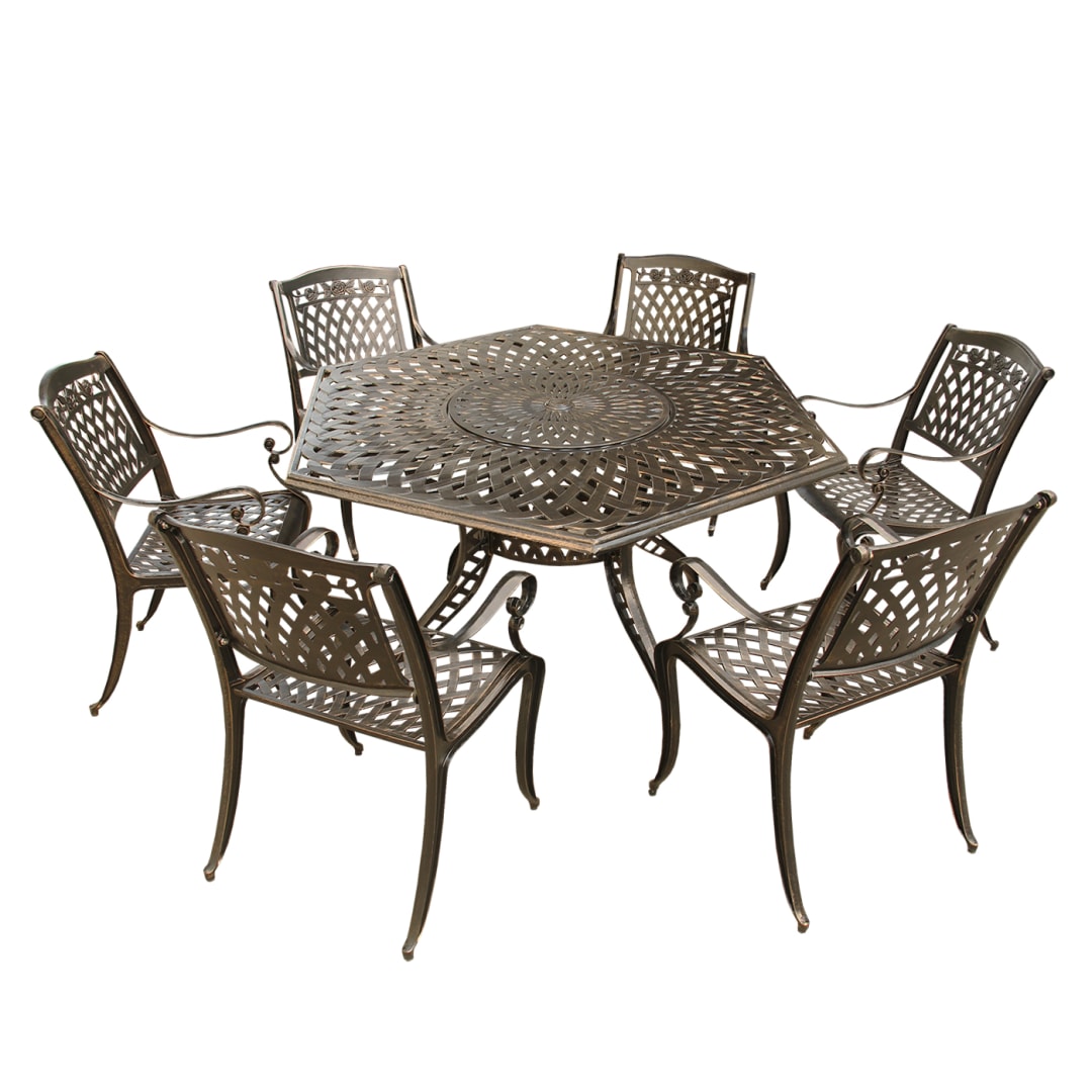 Rose Contemporary Modern and Ornate Traditional Outdoor Mesh Lattice Aluminum 63 inch Bronze Hexagon Dining Set with Lazy Susan and Six Chairs