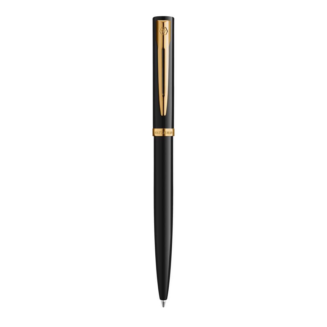 Waterman Impression Bolígrafo | Punta media con recarga de tinta azul | Laca negra con adornos chapados en oro | Caja de regalo