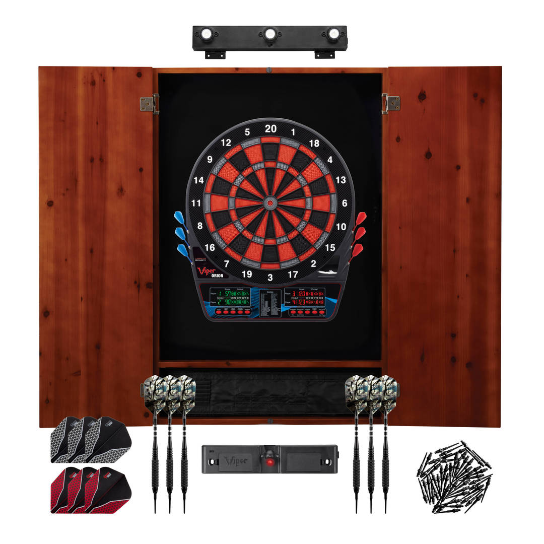 Viper Orion Electronic Dartboard, Metropolitan Cinnamon Cabinet, Throw Line Light, Dartboard Lights, Black Magic Soft Tip Darts, and Spare Tips and Flights