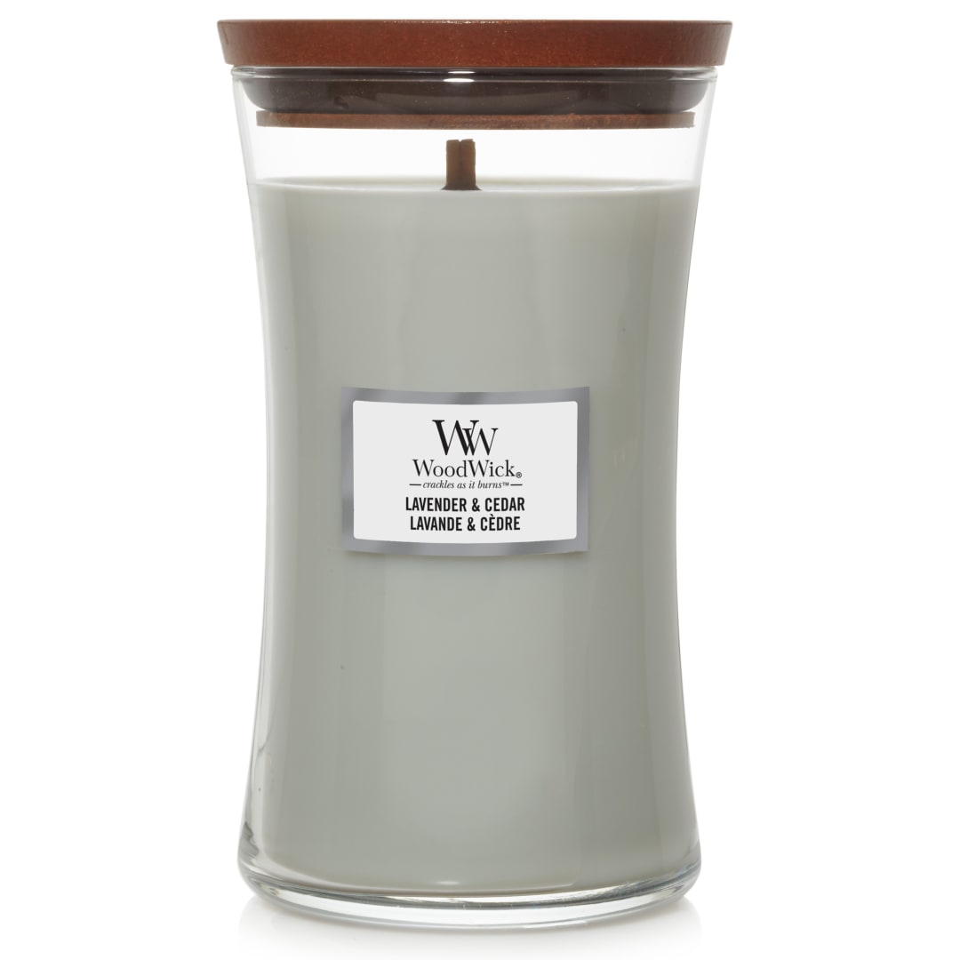 WoodWick Hourglass Vela perfumada mecha crepitante | Lavanda y cedro | Hasta 130 horas de duración