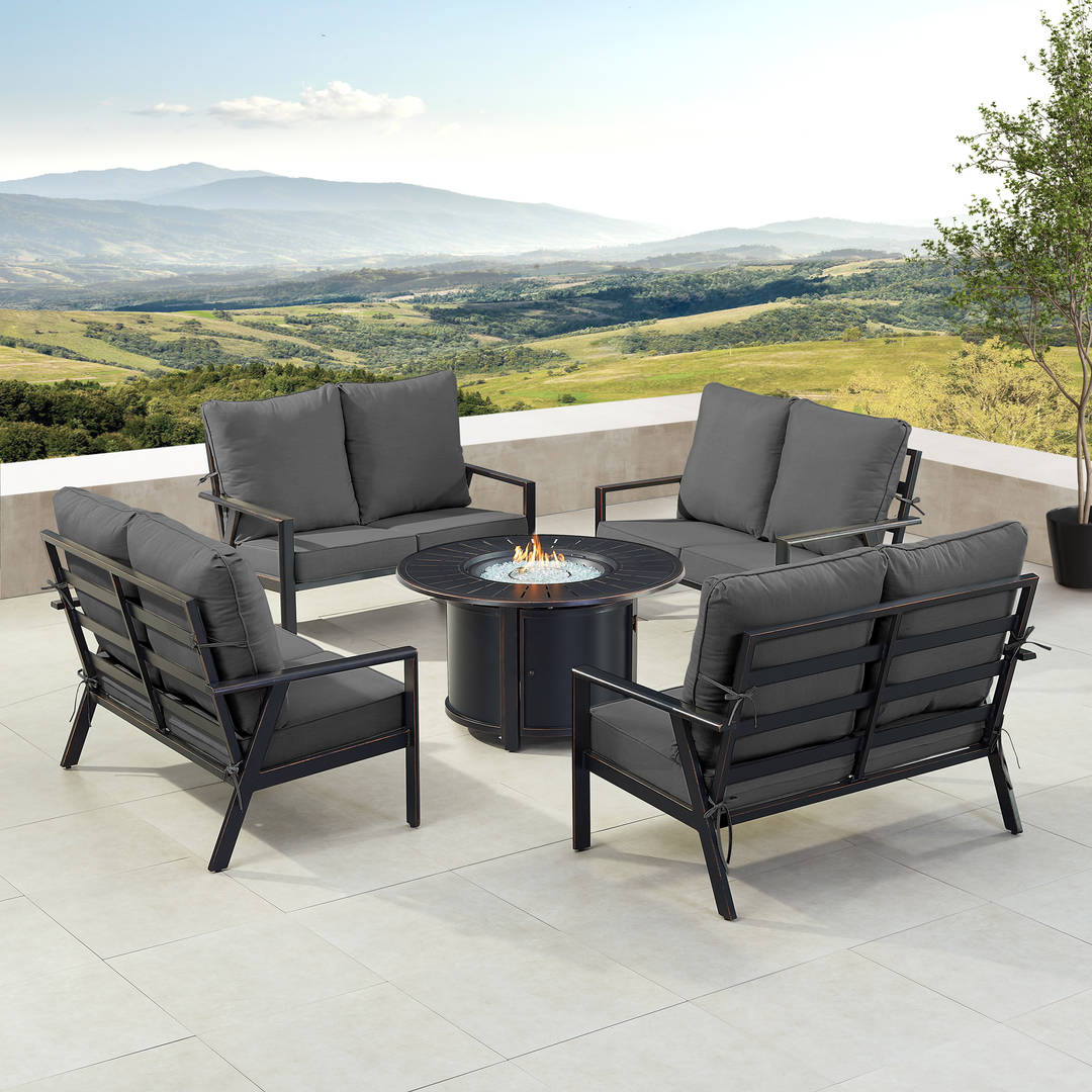 Black Aluminum Patio Fire Table Set with Four Deep Seating Loveseats with Cushions