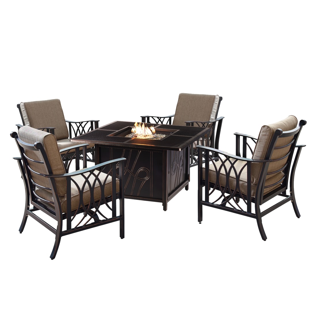 Aluminum 42-in Square Antique Copper Fire Table Set with Four Deep Seating Rocking Chairs, Fire Beads, Lid, Propane Tank Cover and Table Fabric Covers