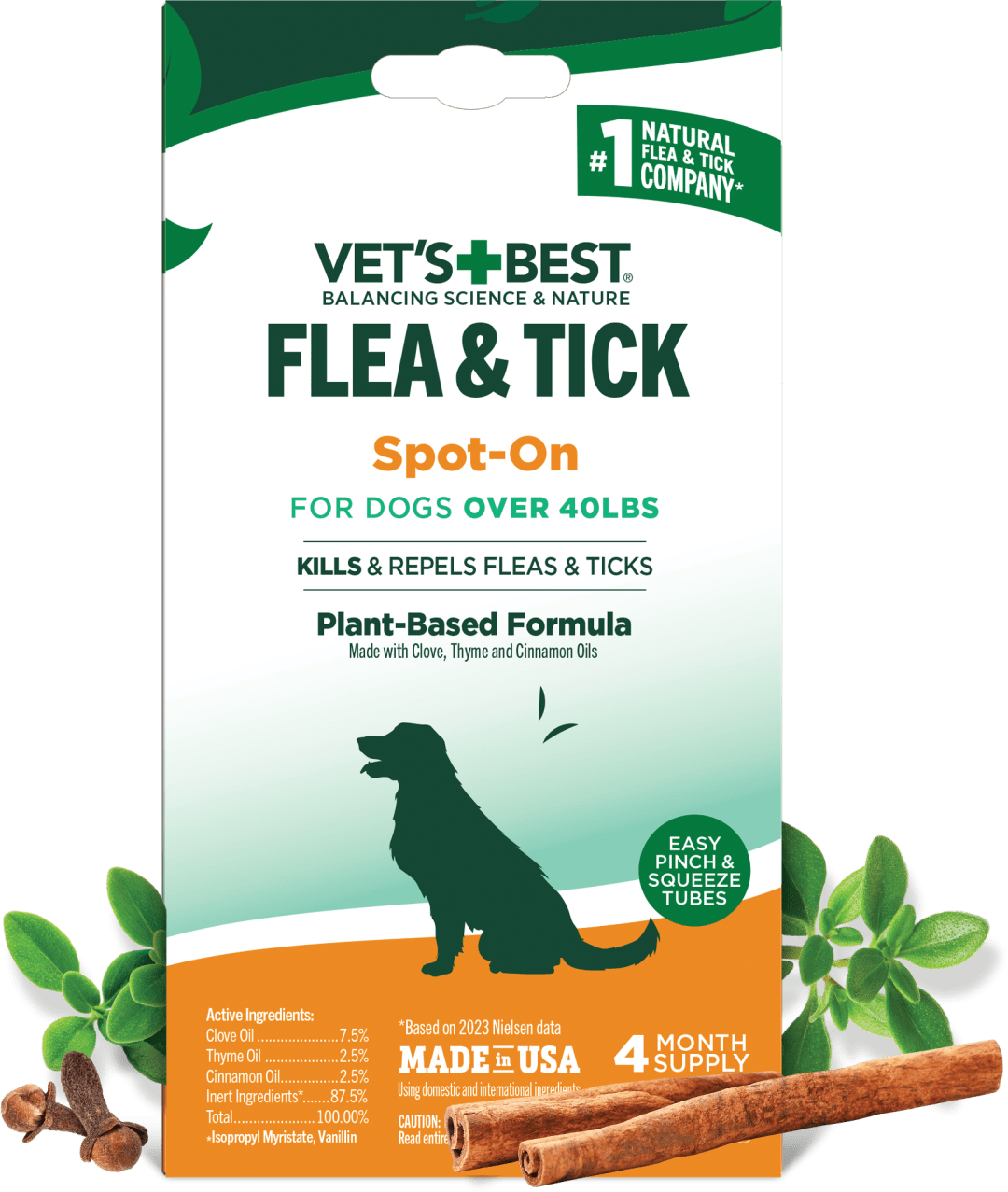 Vet's Best Flea and Tick Spot-on Drops, Topical Flea and Tick Prevention for Dogs - Plant-Based Formula - Certified Natural Oils - For Large Dogs - 4 Month Supply