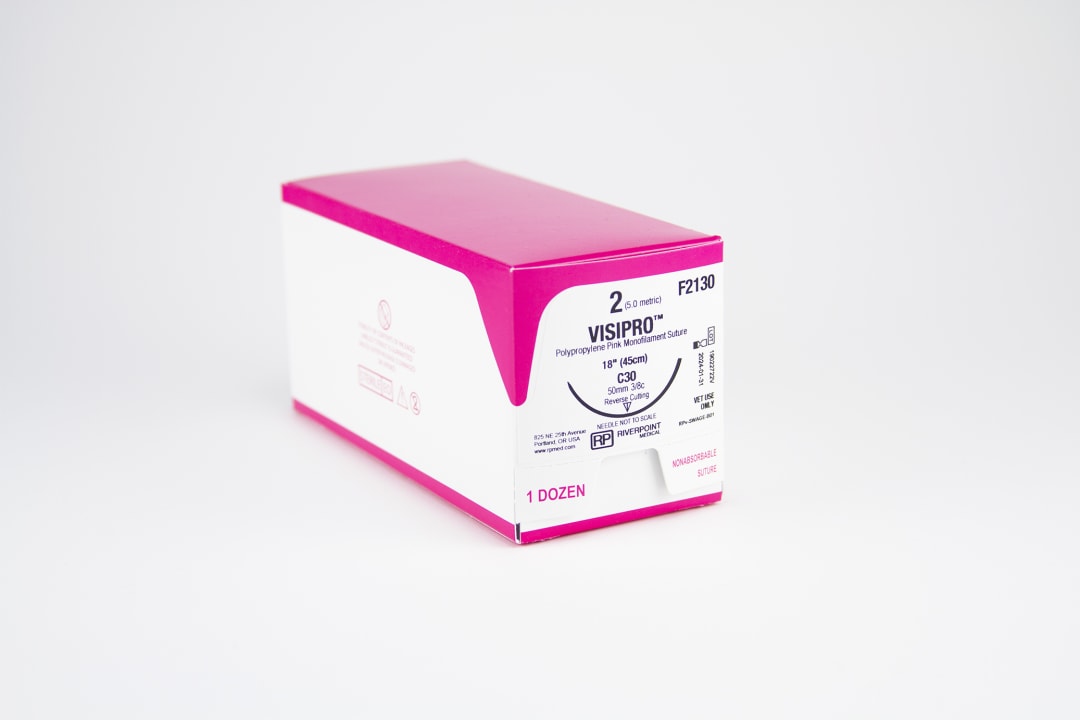 VisiPro PP Large Animal Suture, USP 2 with 50mm C30 Reverse Cutting 3/8 Circle Needle, Fluorescent Pink, 45cm, Sterile