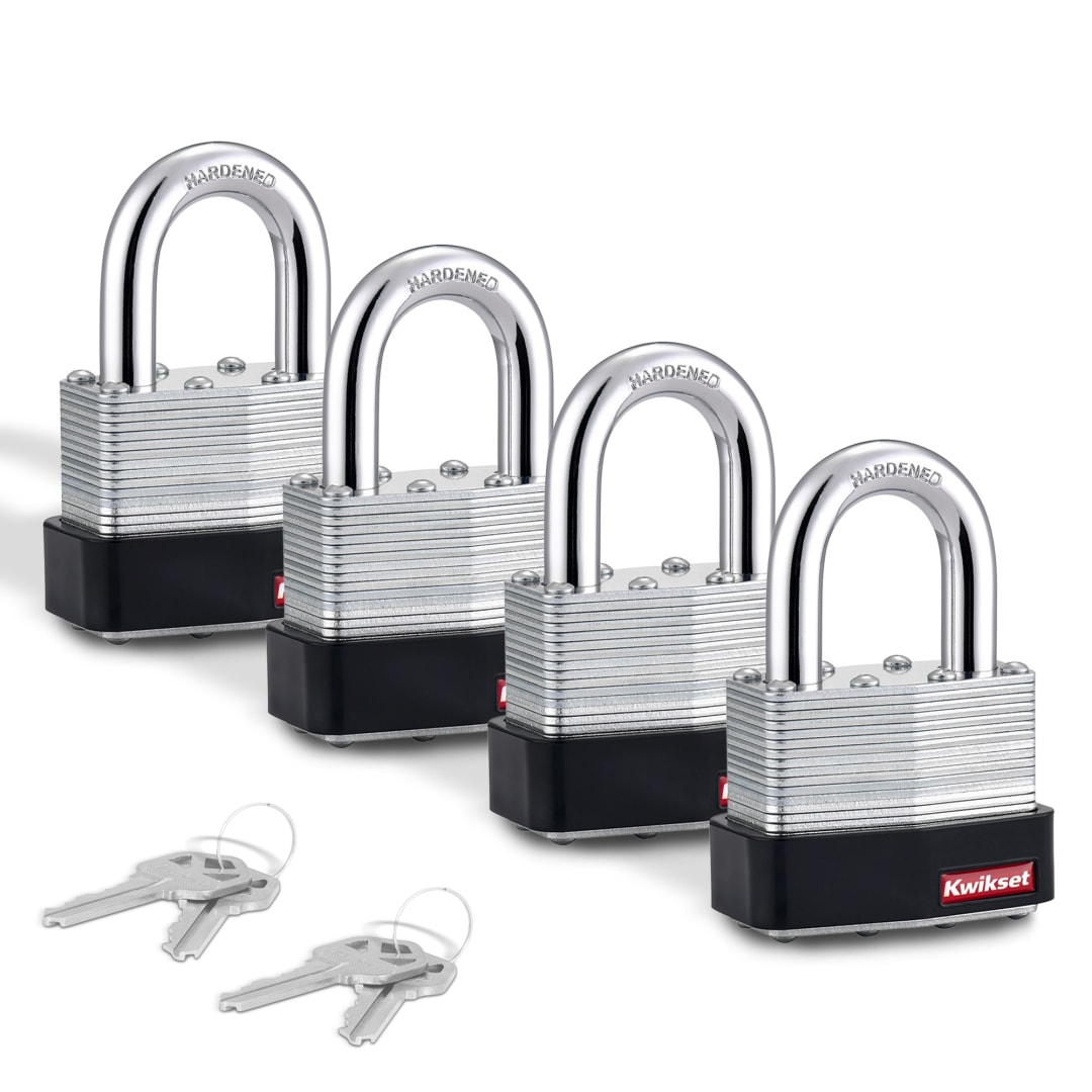 Kwikset Laminated Steel Padlock with Hardened Steel Shackle, 2 in Body, 1-1/8 in Shackle, 4 Pack