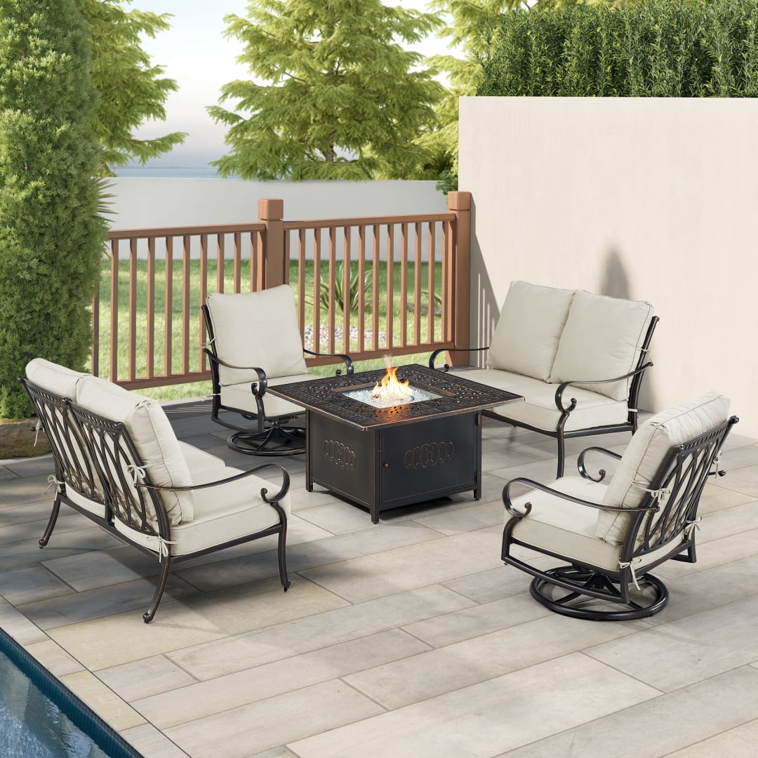 Black Aluminum Patio Fire Table Set with Two Deep Seating Loveseat with Cushions and Two Club Chairs