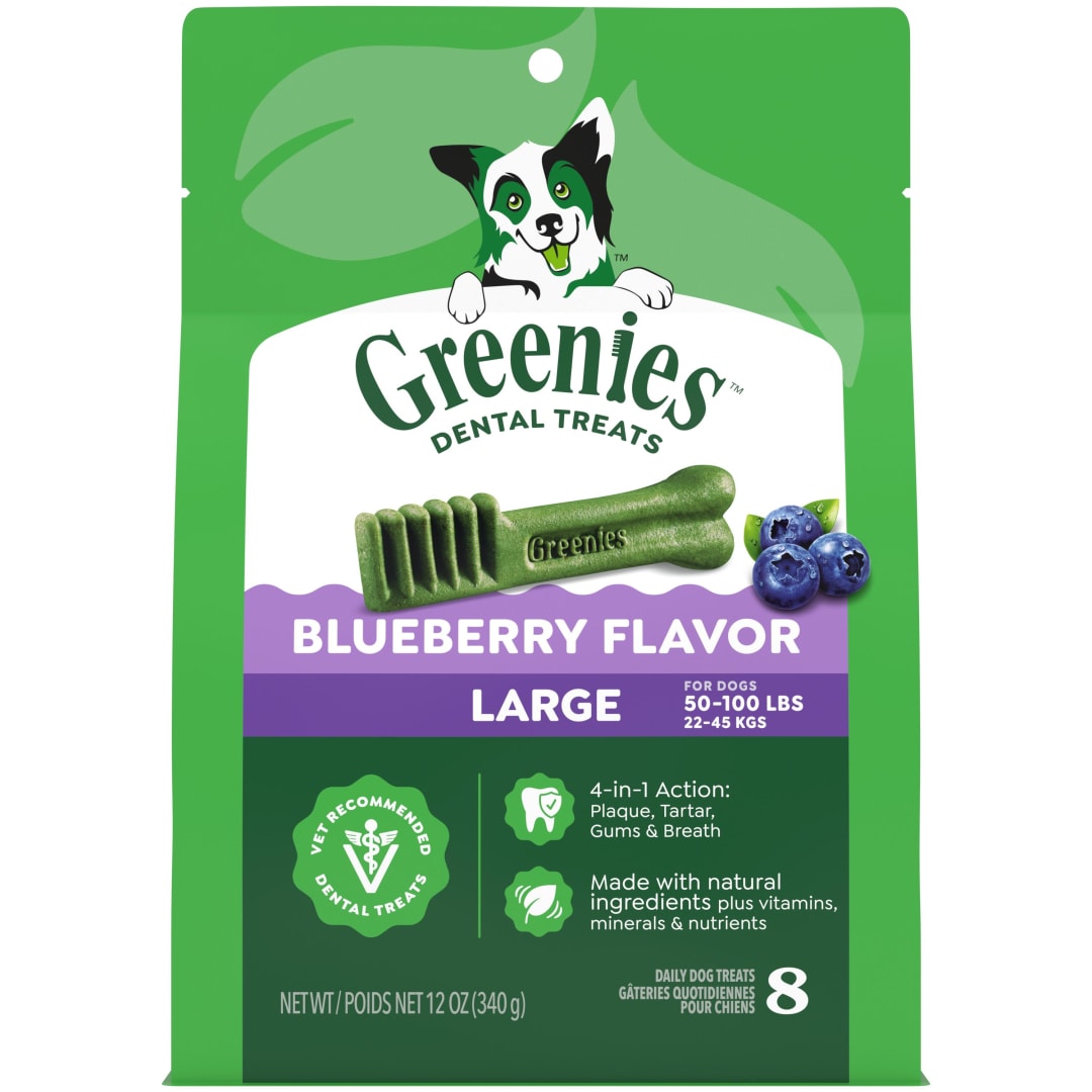 GREENIES Large Natural Dog Dental Care Chews Oral Health Dog Treats Blueberry Flavor, 12 oz. Pack (8 Treats)