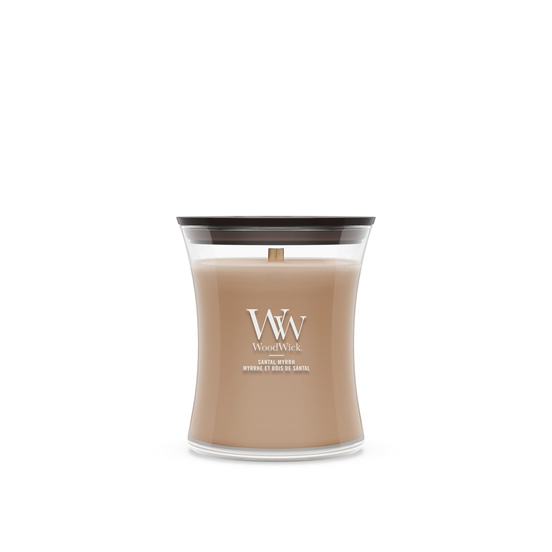 WoodWick Vela perfumada | Vela de tamaño mediano en forma de reloj de arena | Santal Myrrh | Regalos perfectos para mujeres