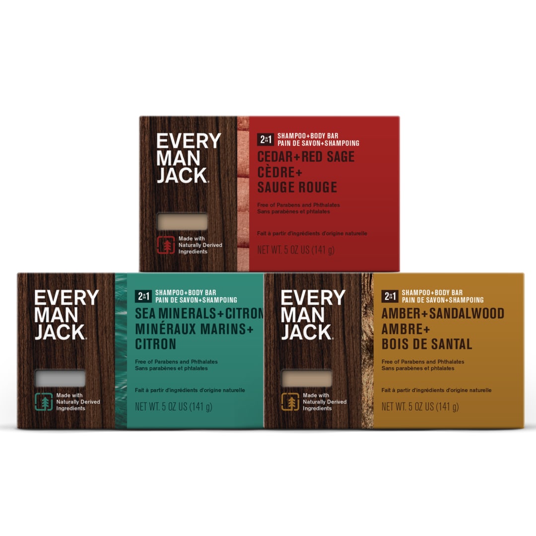 Every Man Jack Mens Bar Soap Variety Pack - Wash and Shampoo for All Skin and Hair Types - Ultra Hydrating Made with Natural Ingredients like Shea Butter, Aloe Vera, Glycerin - 5oz - 3 Pack