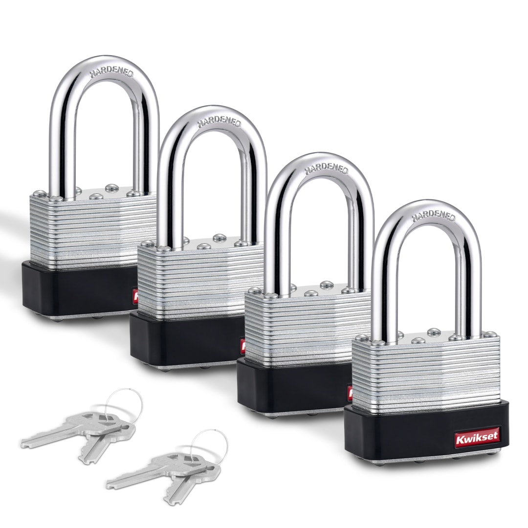 Kwikset Laminated Steel Padlock with Hardened Steel Shackle, 2 in Body, 1-1/2 in Shackle, 4 Pack