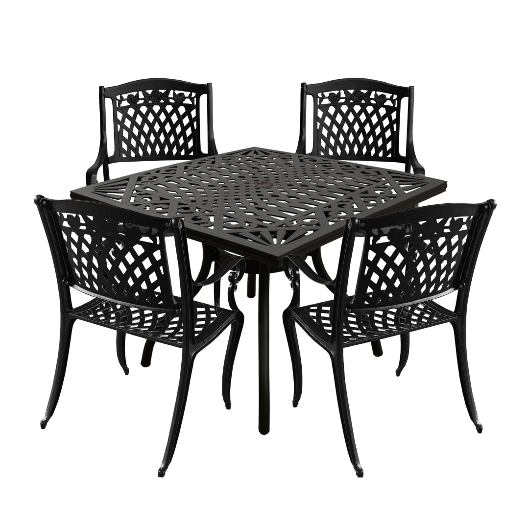 Modern Ornate Outdoor Mesh Aluminum 37-in Black Square Patio Dining Set with Four Chairs