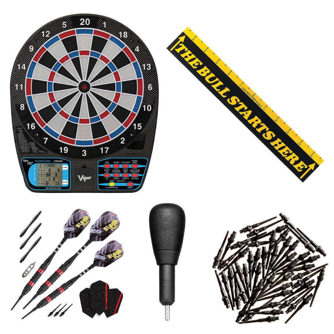 Viper 787 Electronic Dartboard, "The Bull Starts Here" Throw Line, Black Ice Red 18g Soft Tip Darts, Dart Tip Remover & Tufflex II Black Dart Tips