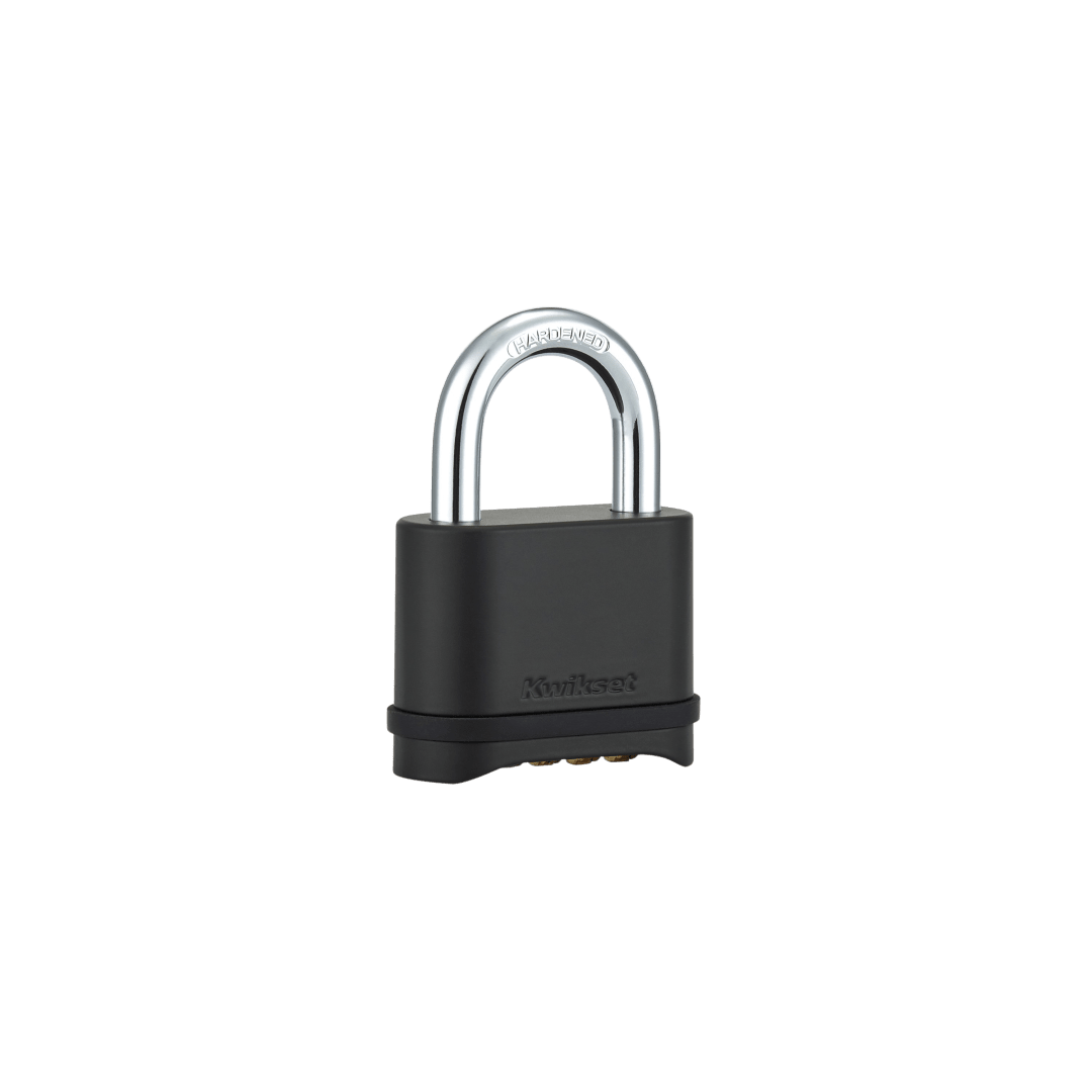 Kwikset 4-Digit Combination Padlock 2 in Body 1 in Shackle Resettable Outdoor Gate Lock Storage Unit Lock Weatherproof Metal Body Hardened Steel Shackle Black 1-Pack