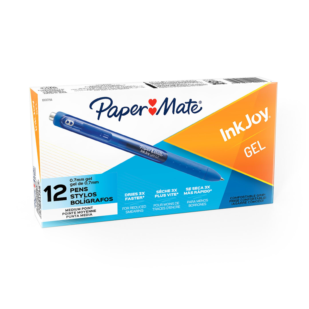 Paper Mate® InkJoy Gel, Bolígrafos Retráctiles, Punta Media (0.7mm), Tinta Azul, Paquete de 12