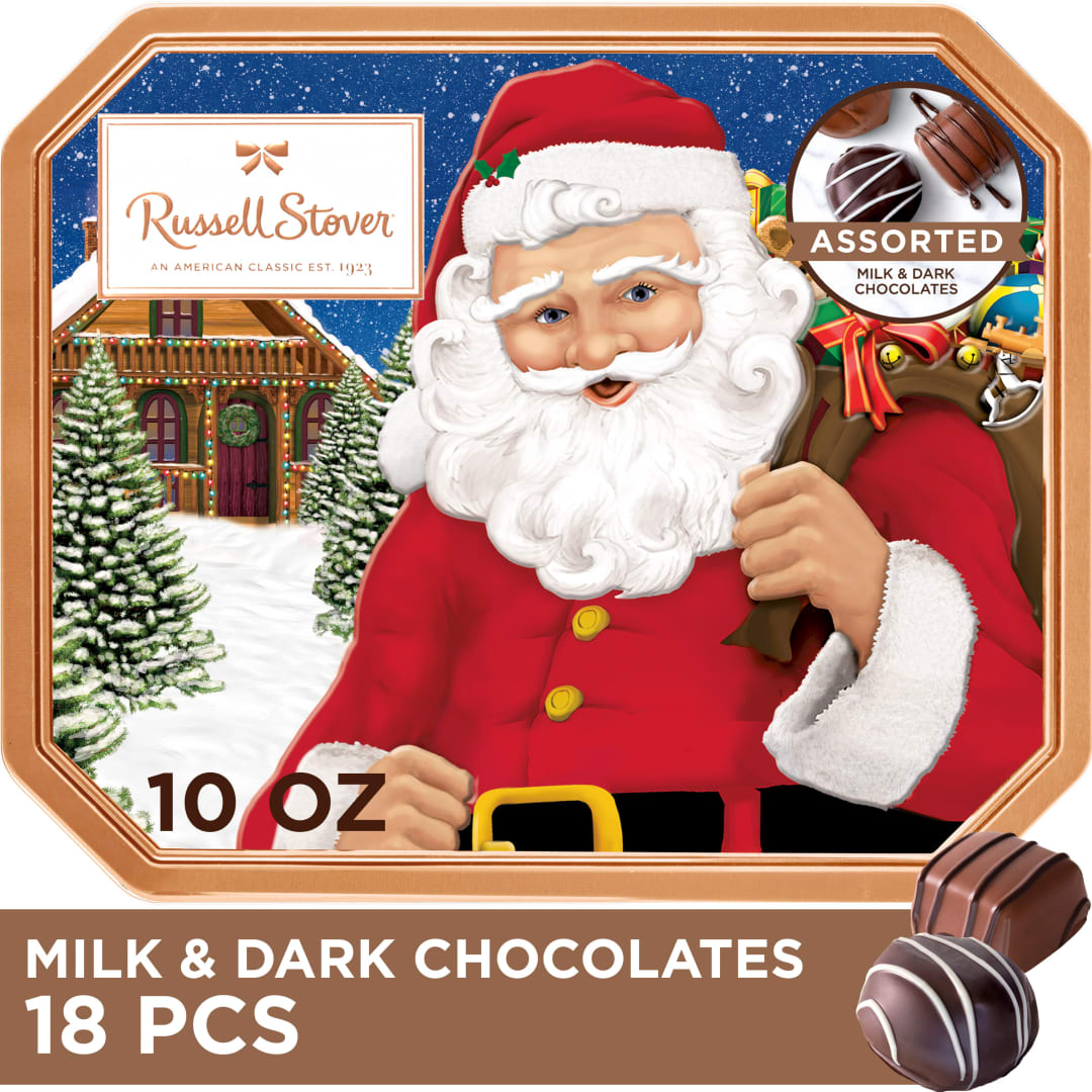 RUSSELL STOVER Christmas Assorted Milk & Dark Chocolate Candy Santa Gift Tin, 10 oz.
