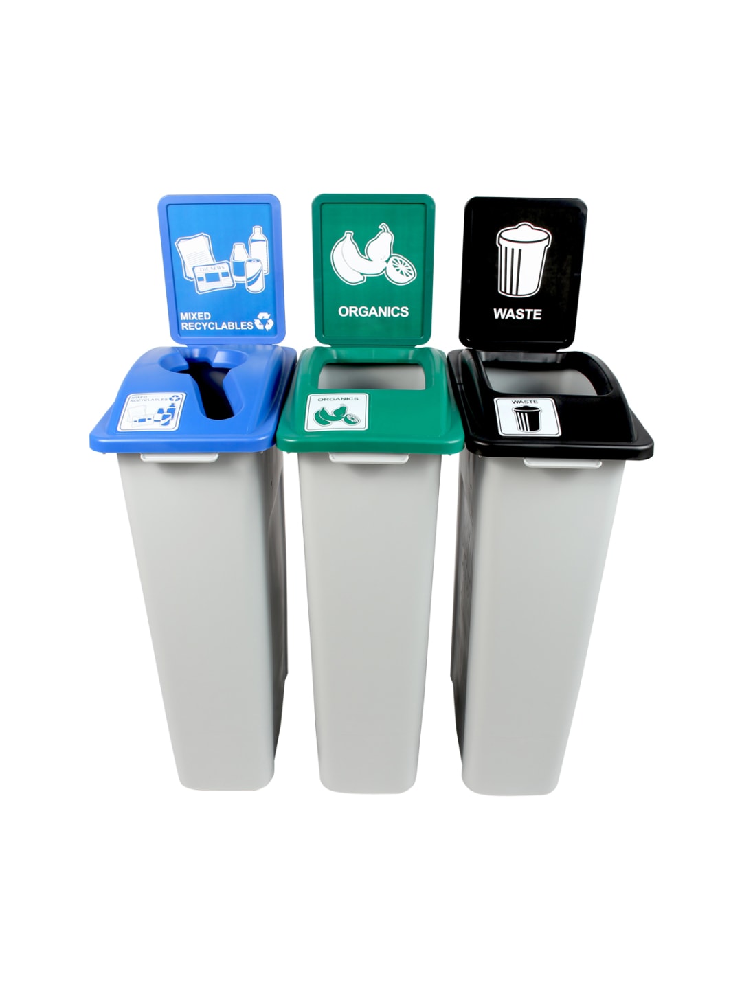 WASTE WATCHER - Triple - Kit - Mixed Recyclables-Organics-Waste - Mixed-Full - Grey-Blue-Green-Black