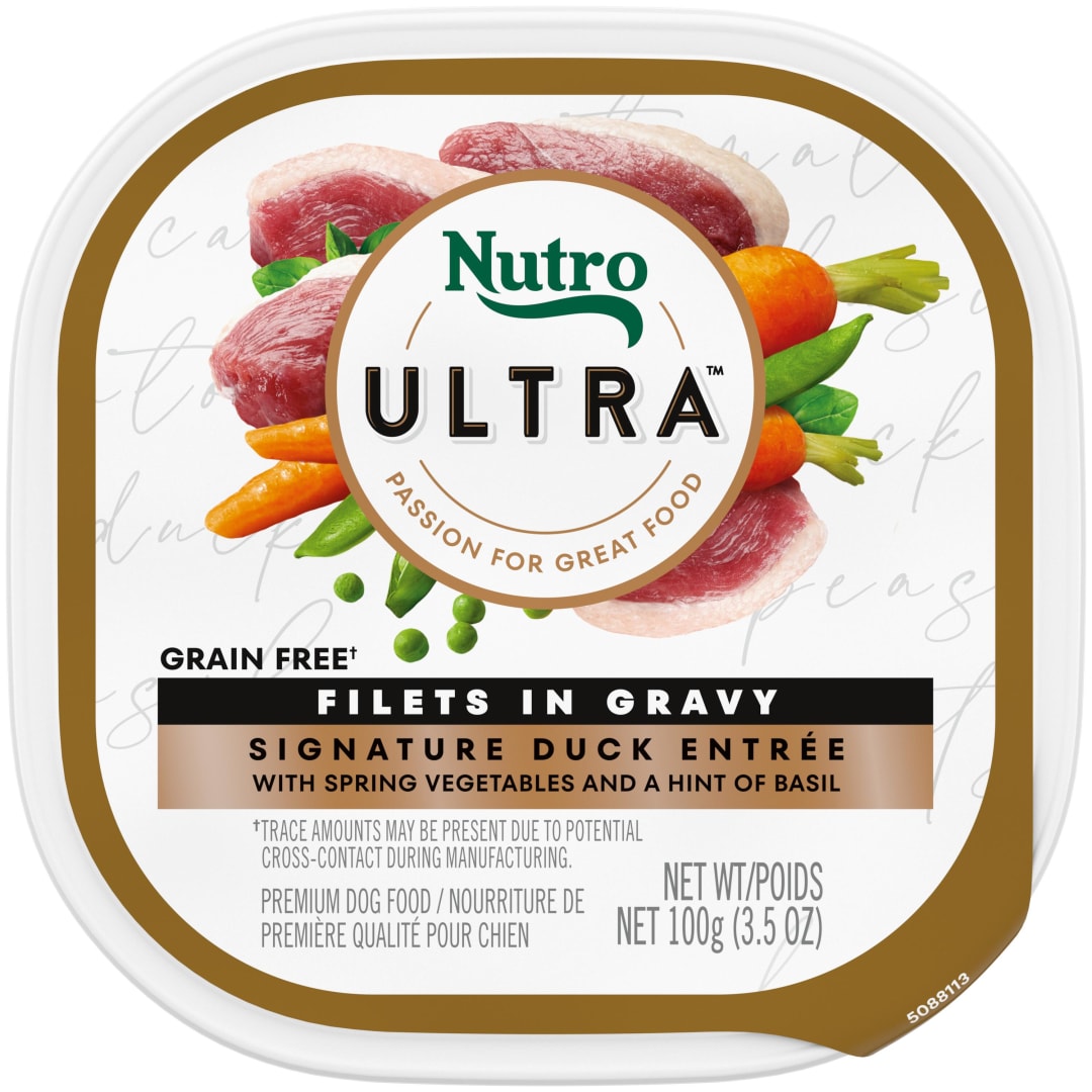 NUTRO ULTRA Grain Free Adult Soft Wet Dog Food Filets in Gravy Signature Duck Entrée With Spring Vegetables and a Hint of Basil, (24) 3.5 oz. Trays
