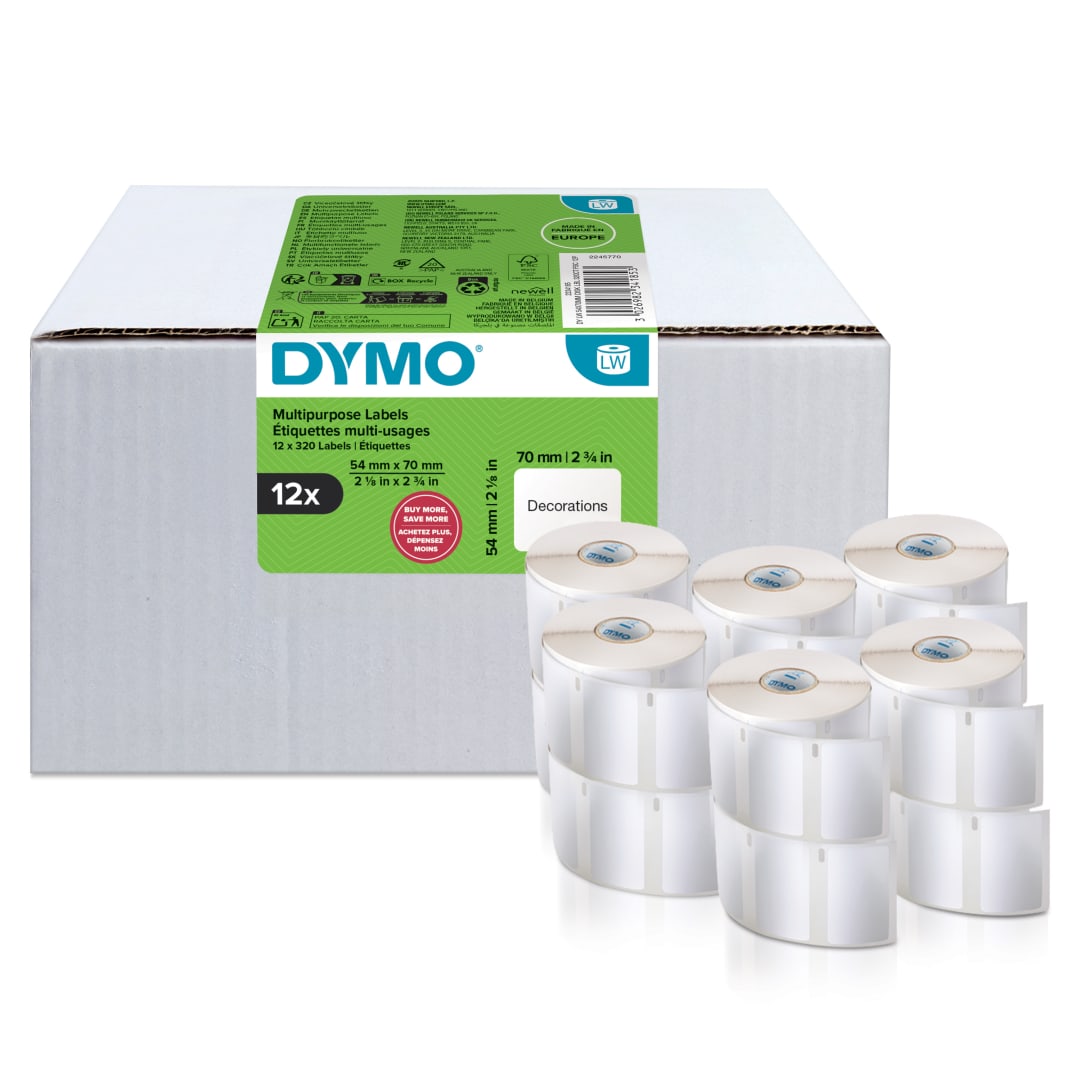DYMO LW etiquetas autnticas multiusos | 54mm70mm | 12 rollos de 320 etiquetas con reverso fcil de retirar (3.840 unidades) | autoadhesivas | para etiquetadoras LabelWriter