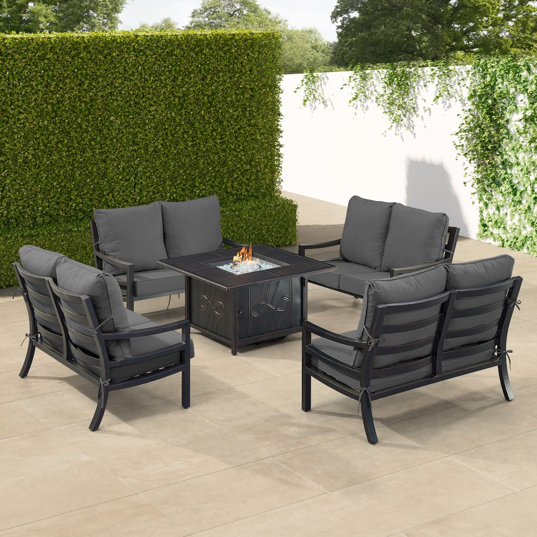 Black Aluminum Patio Fire Table Set with Four Deep Seating Loveseat with Cushions