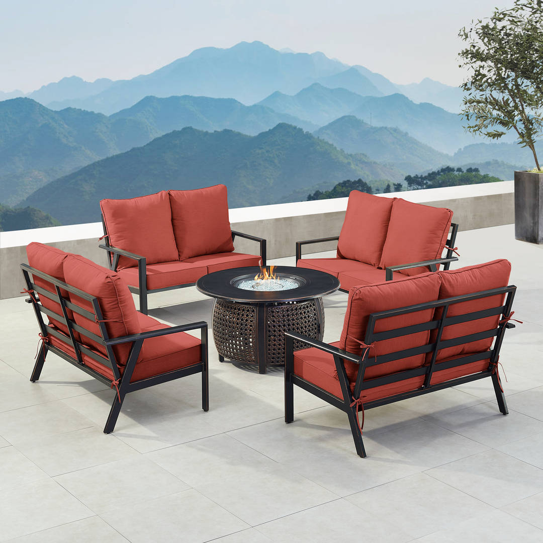 Black Aluminum Patio Fire Table Set with Four Deep Seating Loveseats with Cushions