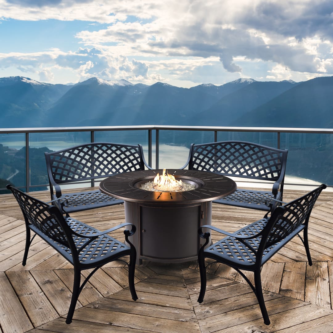 Outdoor Black Aluminum Propane Fire Table Set and Four Benches