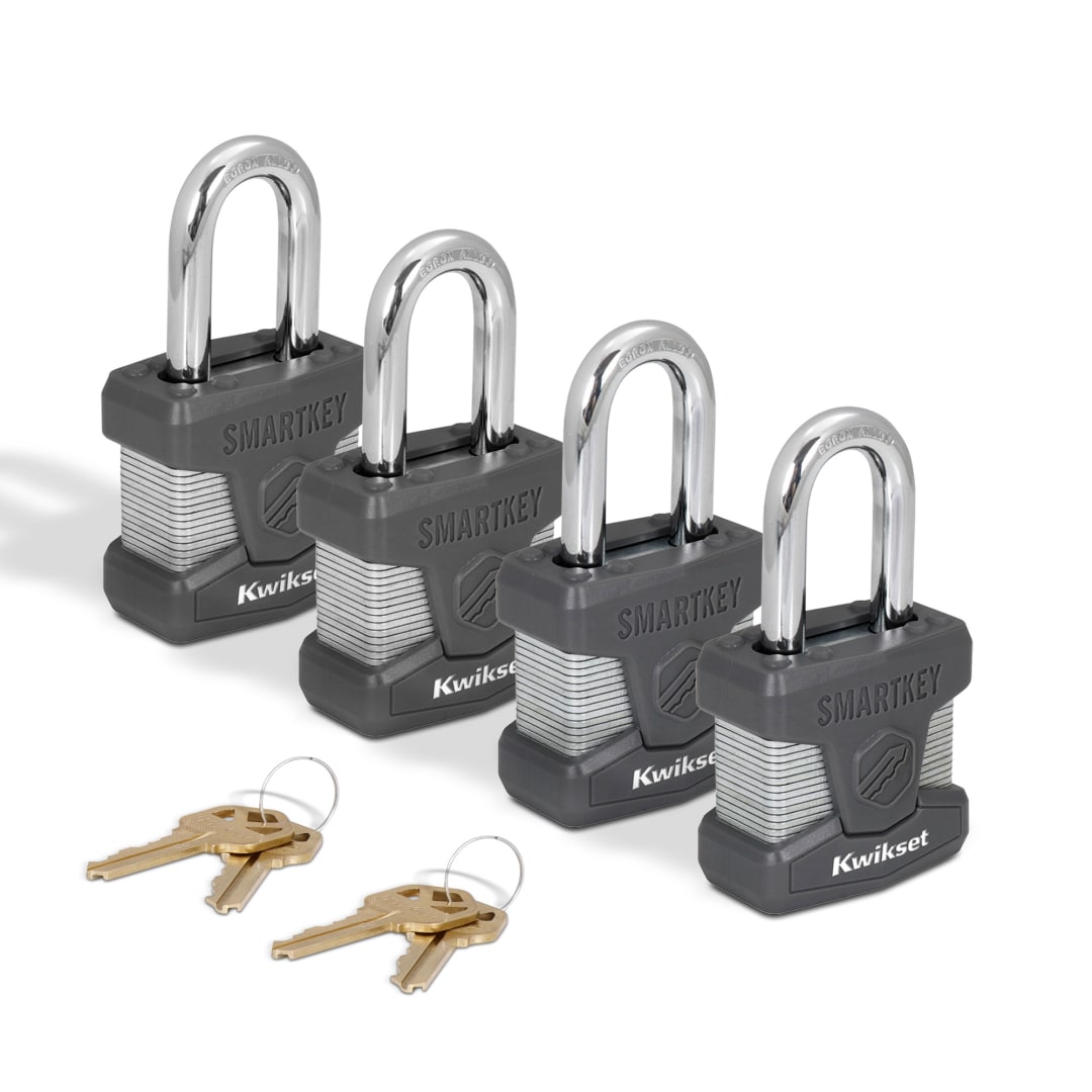 Kwikset SmartKey Re Keyable Laminated Steel Padlock with Boron Carbide Shackle, 2 in Body, 1-1/2 in Shackle, 4 Pack