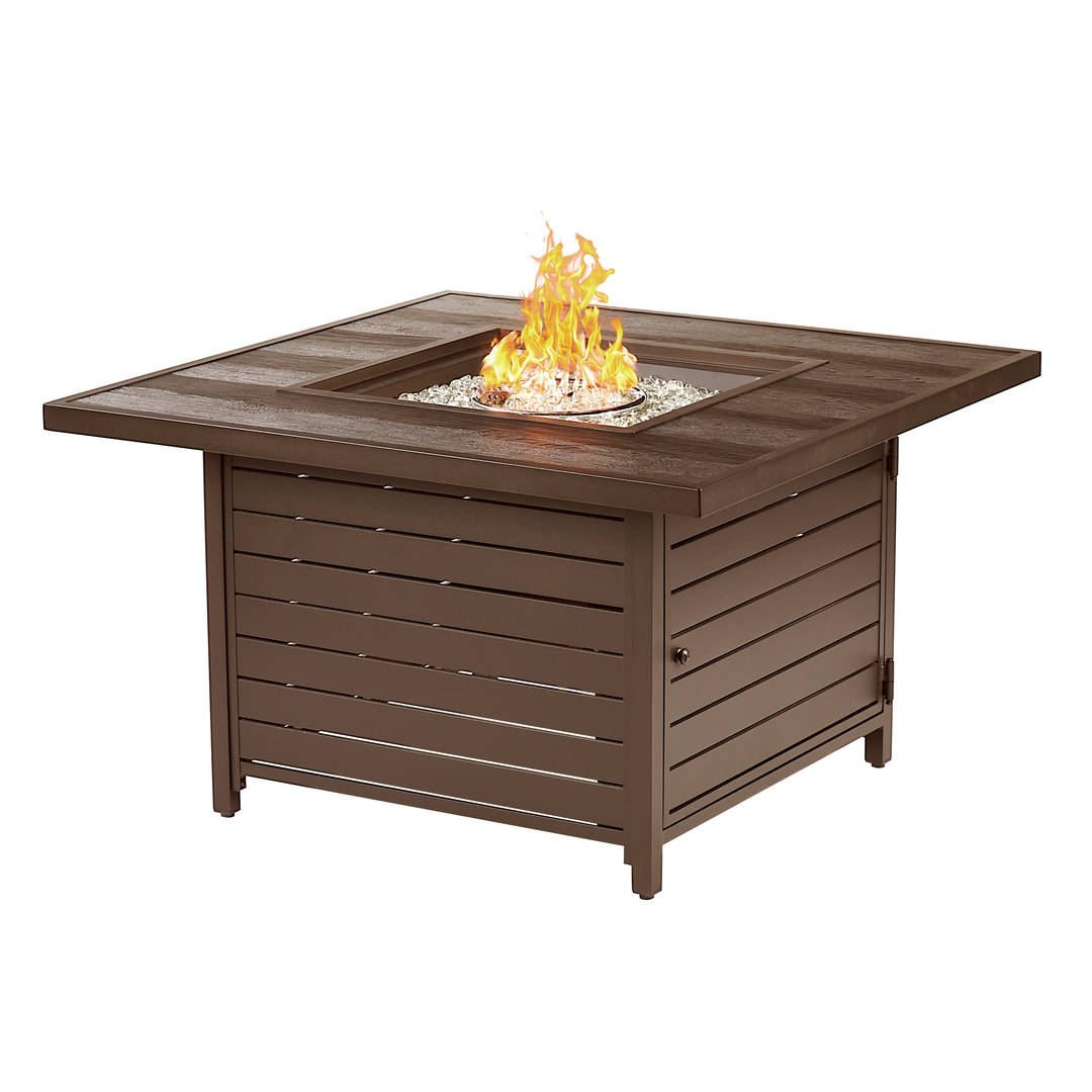 Square 42 in. x 42 in. Aluminum Propane Fire Pit Table with Glass Beads, Two Covers, Lid, 55,000 BTUs in Brown Finish