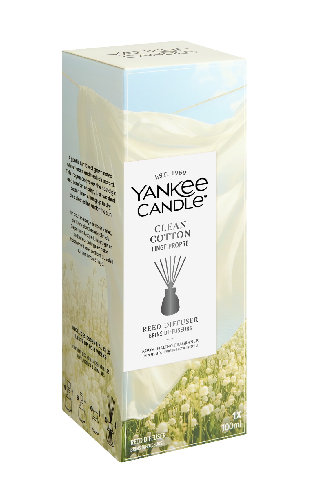 Yankee Candle Difusor de varillas | Clean Cotton | Para espacios pequeños a medianos | Hasta 10 semanas de fragancia