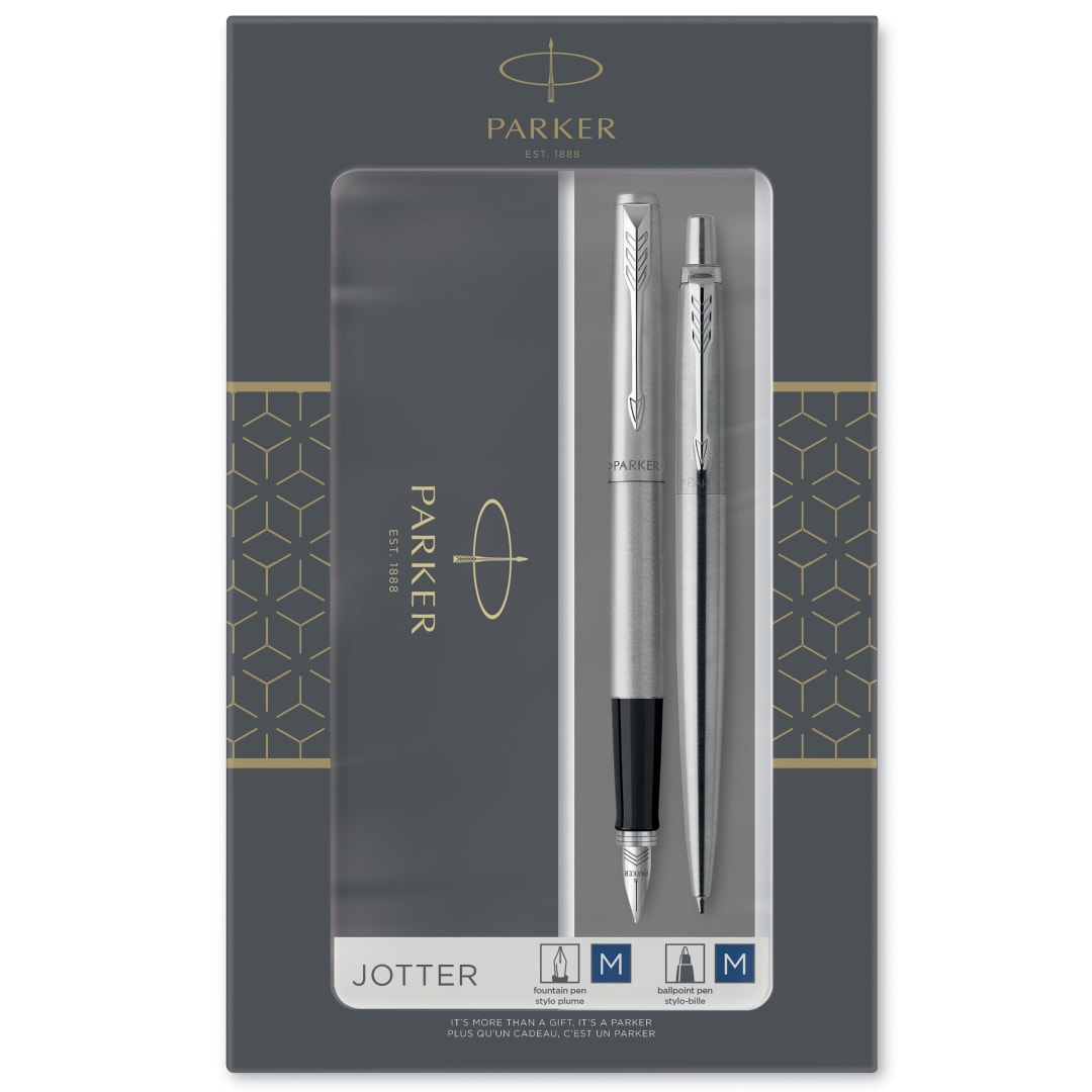Parker Jotter set de regalo doble con bolígrafo y pluma estilográficaacero inoxidable con adorno cromadocartuchos y recambio de tinta azulestuche de regalo