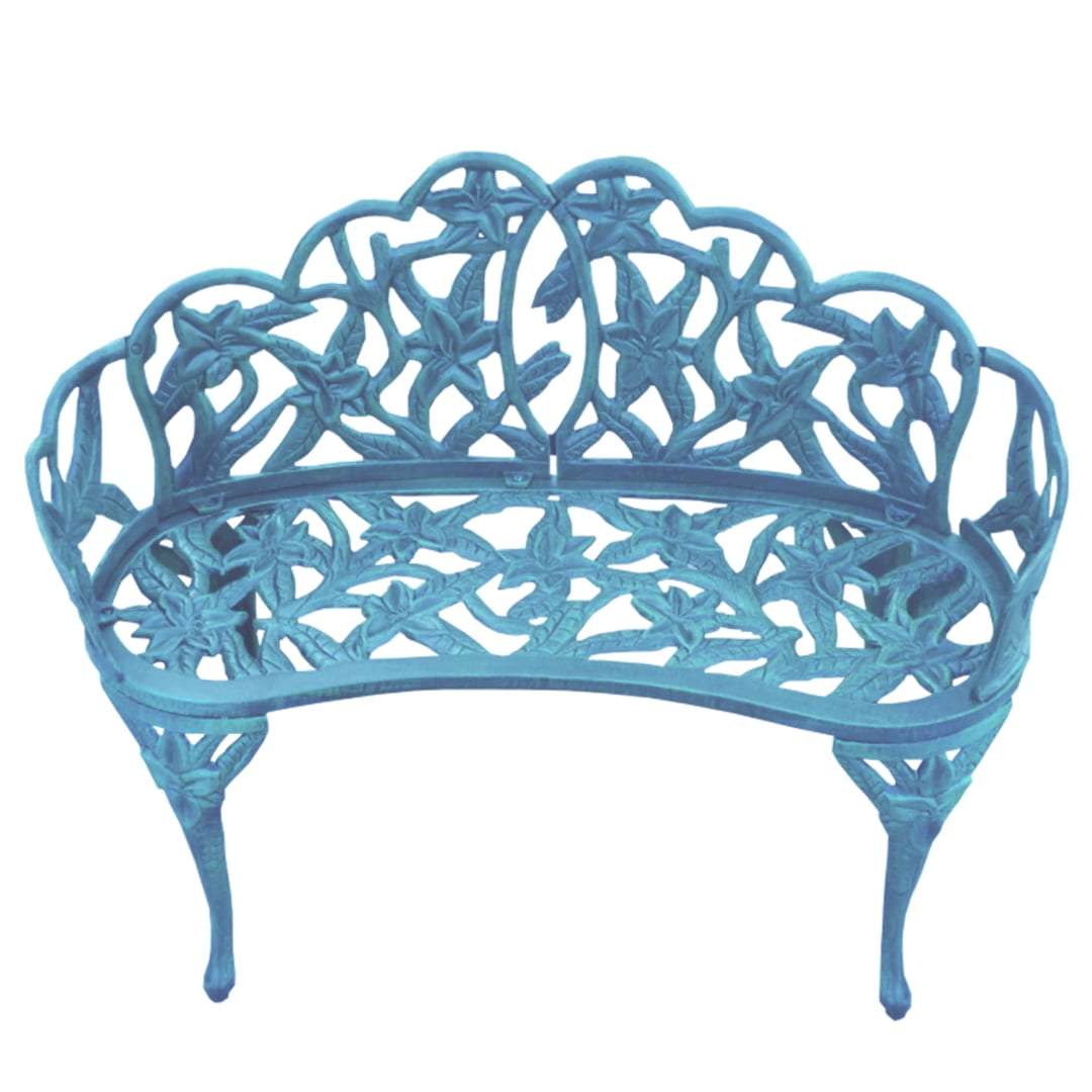 Premium Lily Flower Cast Aluminum Garden Outdoor Bench Loveseat for Patio or Deck in Grey Blue