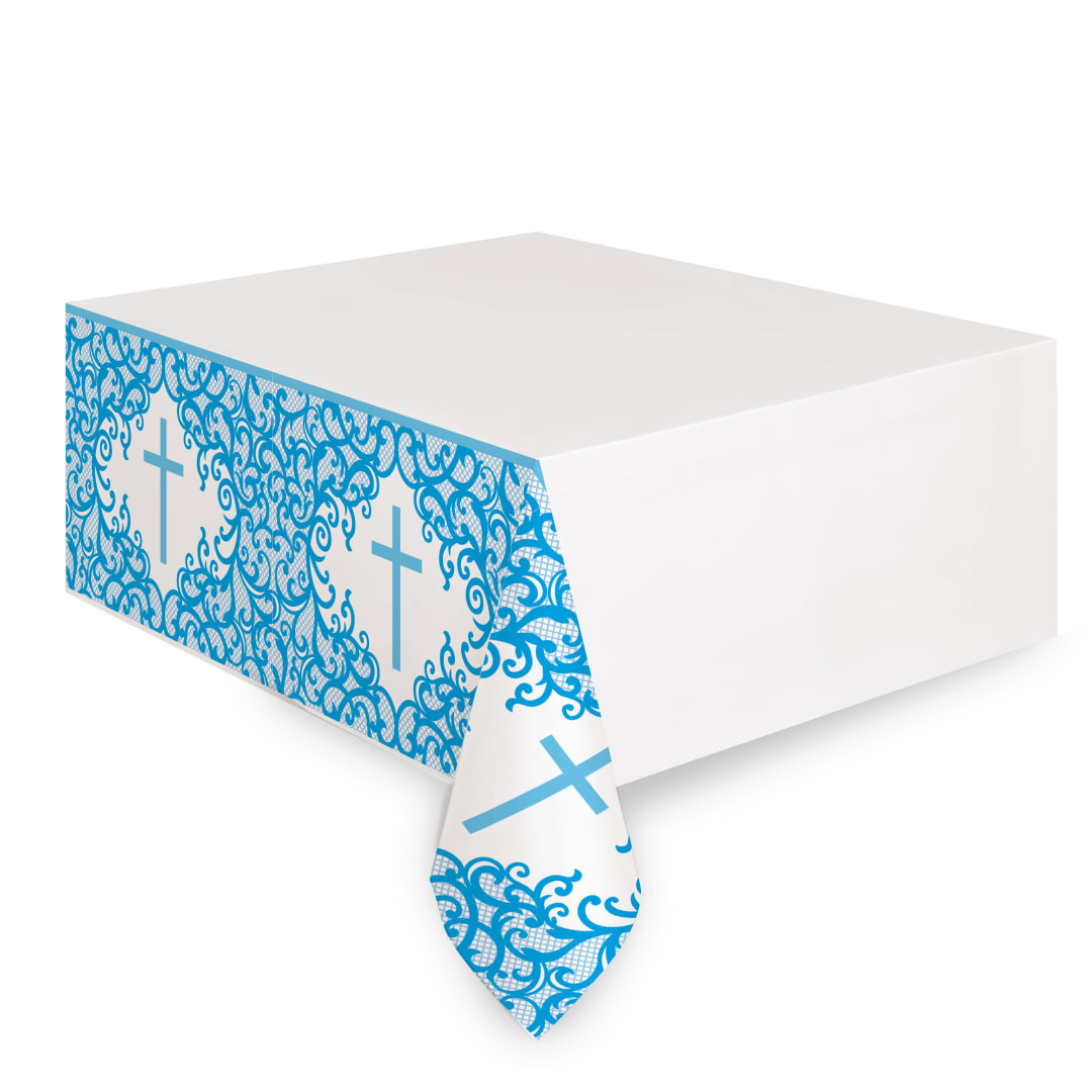 Fancy Blue Cross Rectangular Plastic Table Cover, 54" x 84"