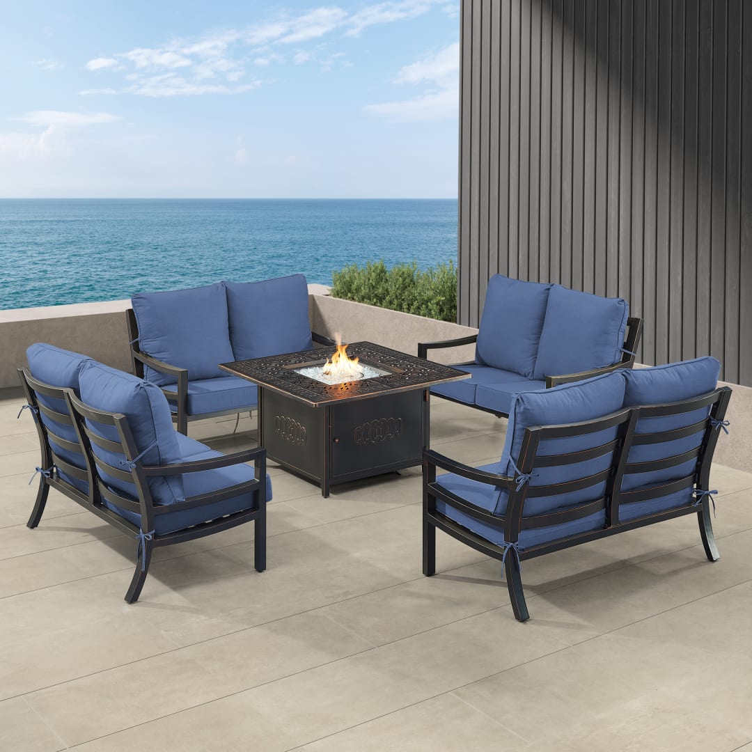 Black Aluminum Patio Fire Table Set with Four Deep Seating Loveseat with Cushions