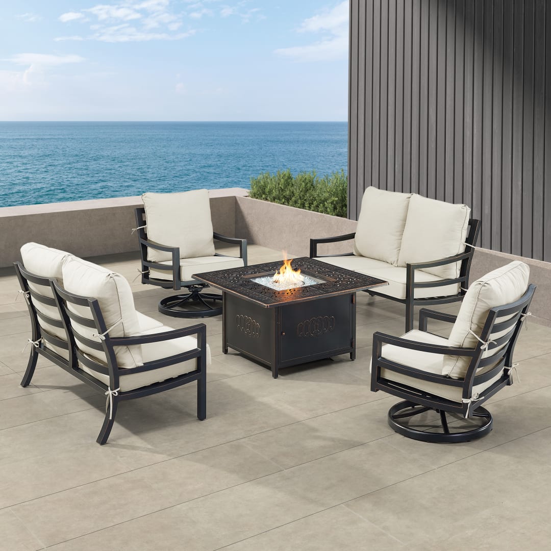 Black Aluminum Patio Fire Table Set with Two Deep Seating Loveseat with Cushions and Two Club Chairs