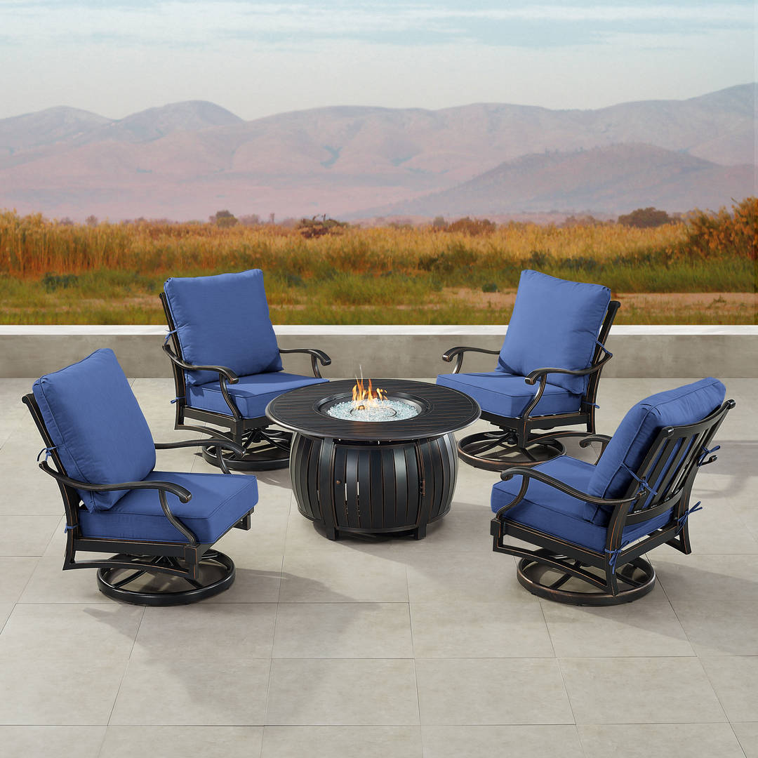 Black Aluminum Patio Fire Table Set with Four Club Chairs
