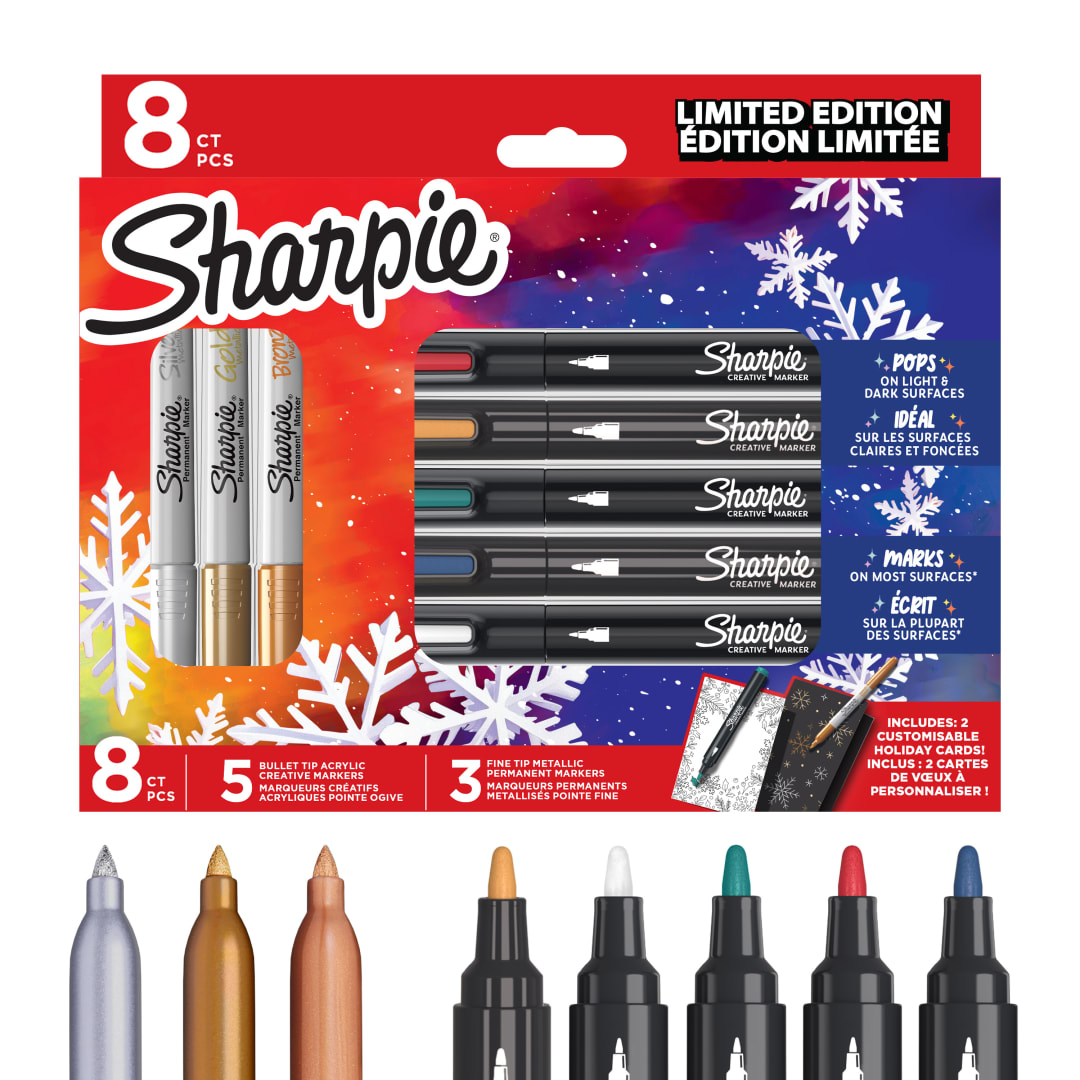 Sharpie rotuladores acrílicos y permanentes set regalo, Punta fina y redonda, rotuladores surtidos y metálicos, 2 tarjetas personalizables, para cumpleaños y material escolar, pack de 8