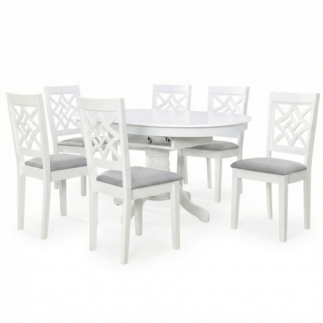 Traditional 7-Piece 60 Inch Oval Extendable Dining Set, White Finish with Grey Polyester Upholstered Chairs, Solid Rubberwood