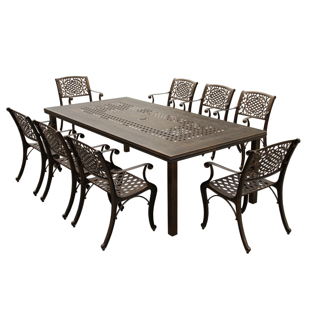 Modern Outdoor Mesh Lattice Aluminum 95-in Bronze Large Rectangular Patio Dining Set with Eight Arm Chairs