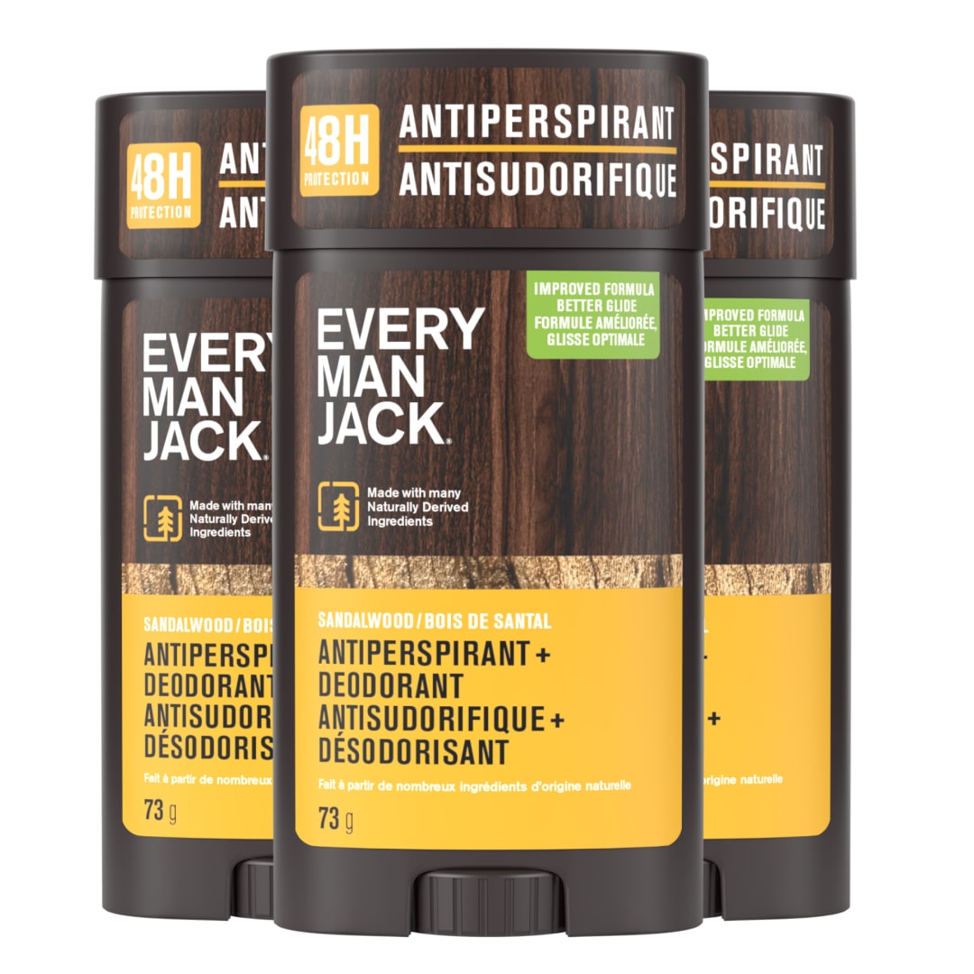 Every Man Jack Men’s Sandalwood Antiperspirant Deodorant – New & Improved Formula – 48-Hour Odor & Sweat Defense– 73g (3 Pack)