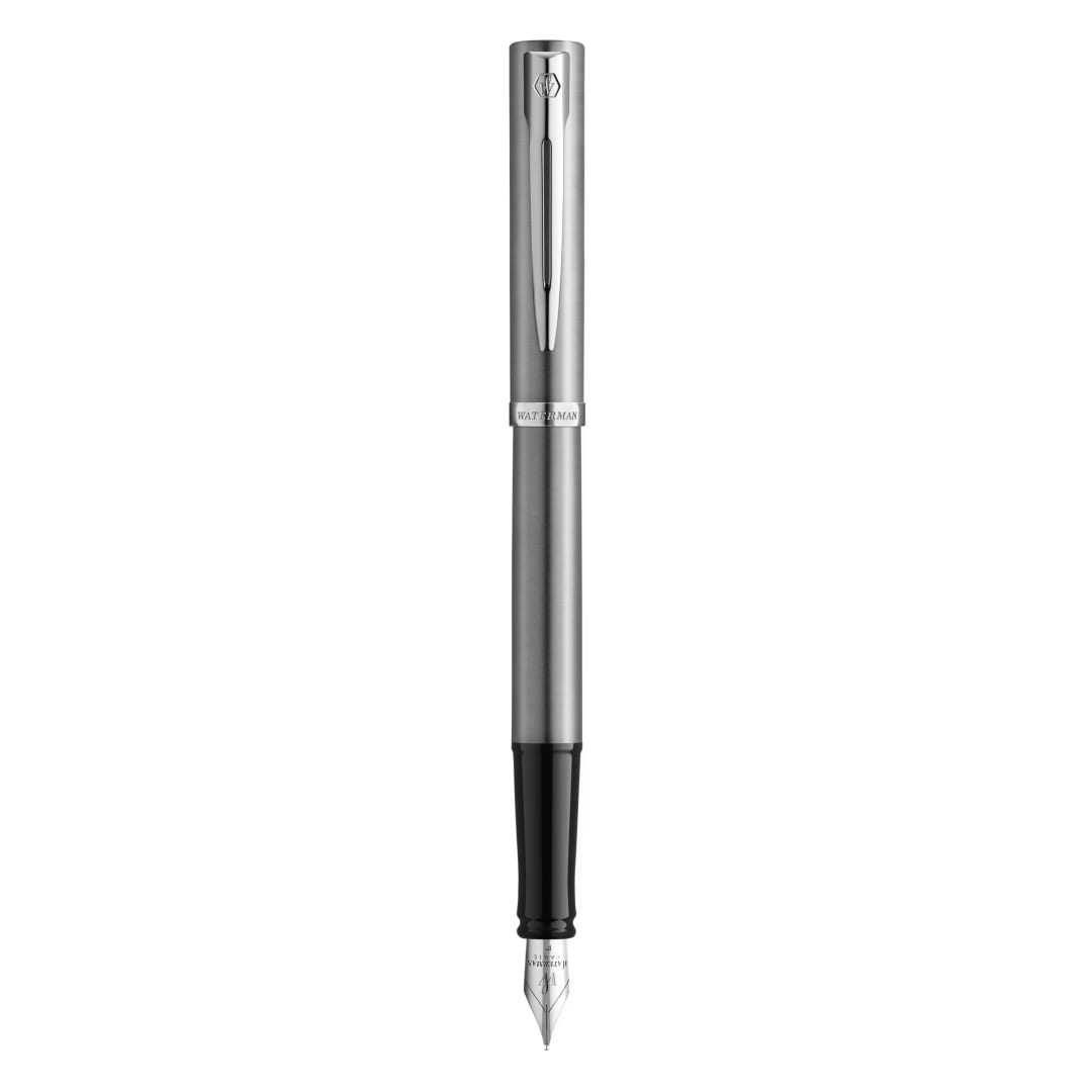 Waterman Impression Pluma estilográfica | Plumín fino con recarga de tinta azul | Acero inoxidable con adornos chapados en paladio | Caja de regalo