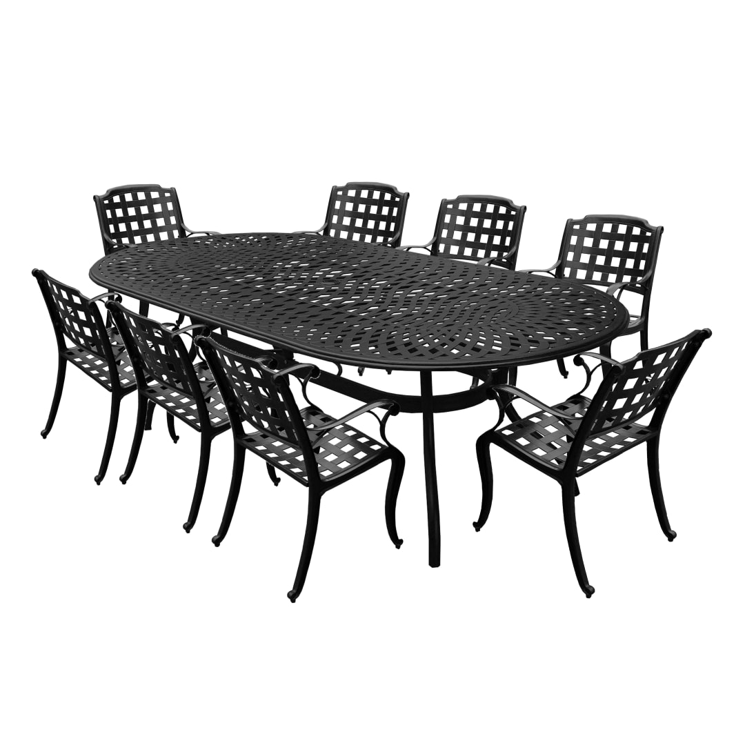 Modern Outdoor Mesh Lattice Aluminum 95-in Large Black Oval Patio Dining Set with Eight Arm Chairs