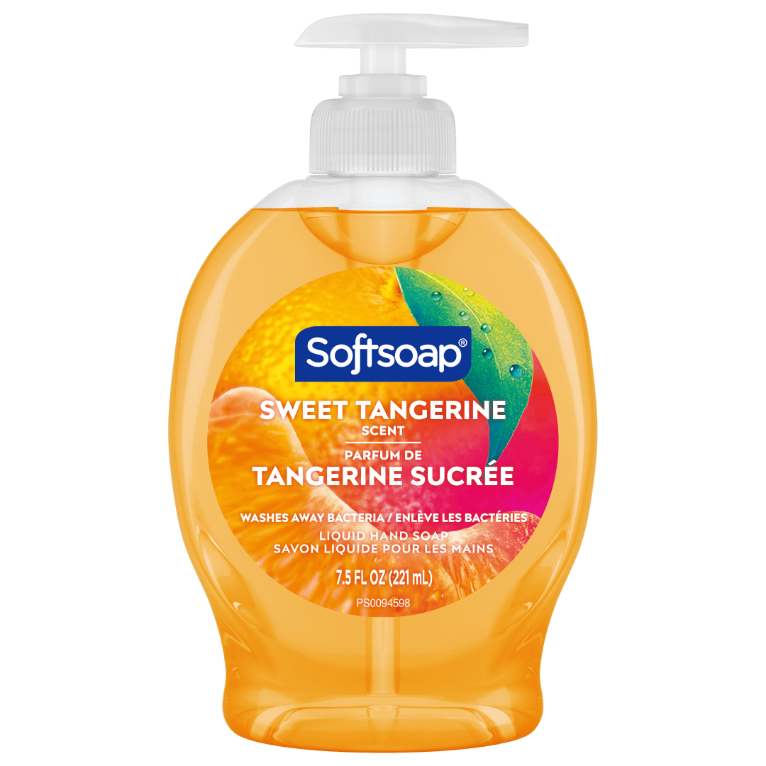 Savon liquide pour les mains Softsoap, savon à mains pour la salle de bains et la cuisine, sans parabène, élimine les bactéries, marque #1 de savon liquide pour les mains, parfum Mandarine sucrée, flacon à pompe de 221 ml