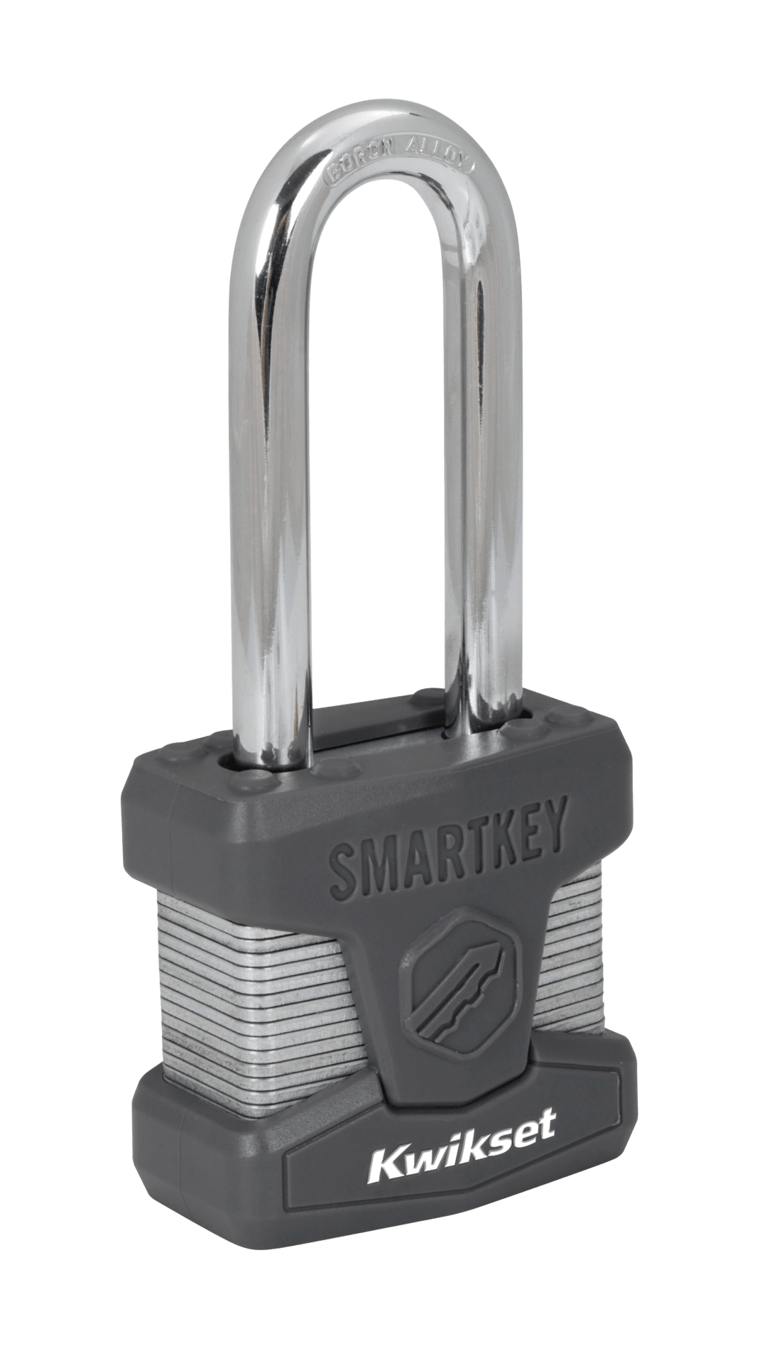 Kwikset SmartKey Re Keyable Laminated Steel Padlock with Boron Carbide Shackle, 2 in Body, 2-1/2 in Shackle, 1 Pack