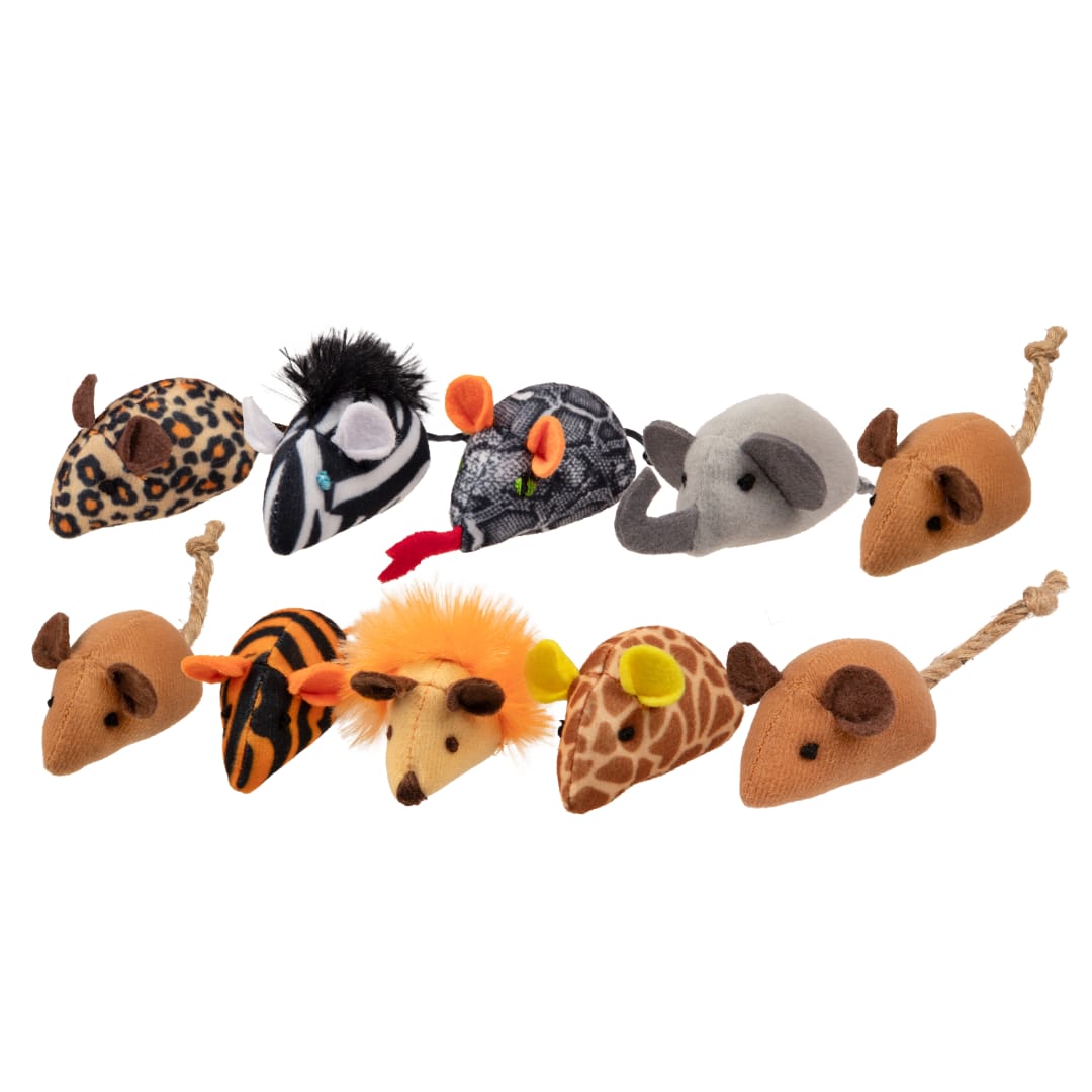 Instincts by SmartyKat Safari Skitters Catnip and Silvervine Cat Toys, Set of 10, Small Plush Mice with String Tails
