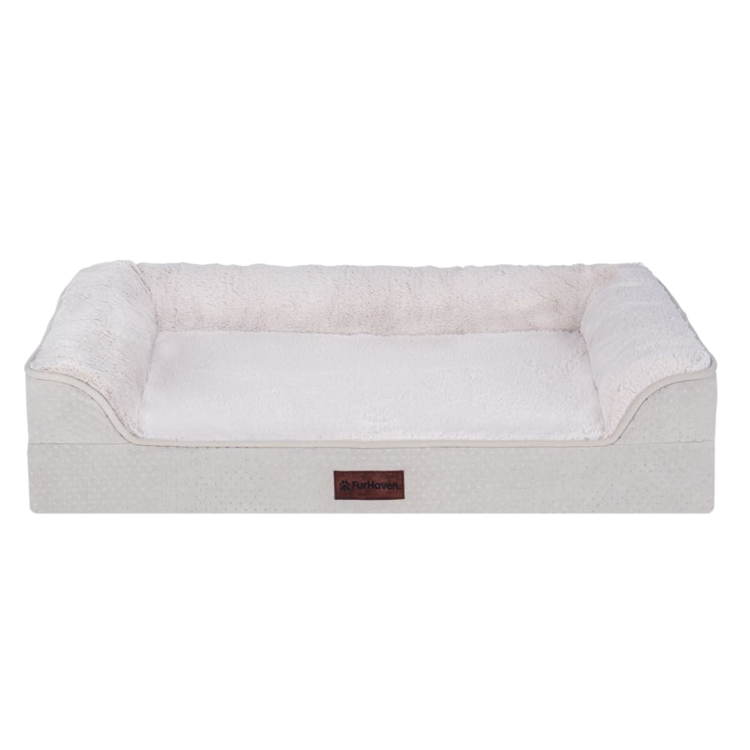 FurHaven Medium (30"x20") Cooling Gel Dog Bed – Cool Gel Memory Foam Sofa Pet Bed, Embossed Velvet, Removable Washable Cover, Clay