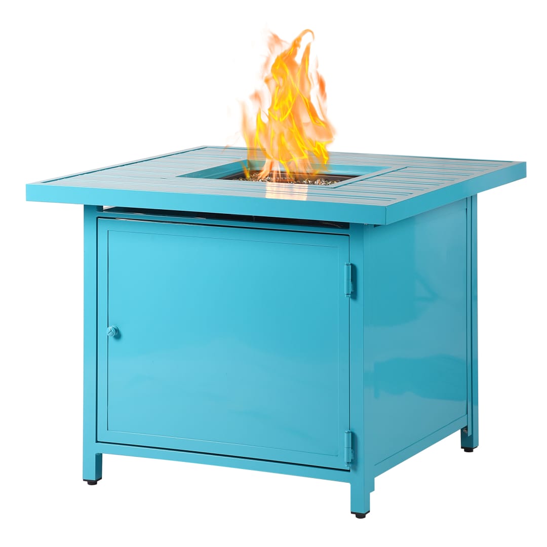 Square 32 in. x 32 in. Aluminum Propane Fire Pit Table with Glass Beads, Two Covers, Lid, 37,000 BTUs in Blue Finish