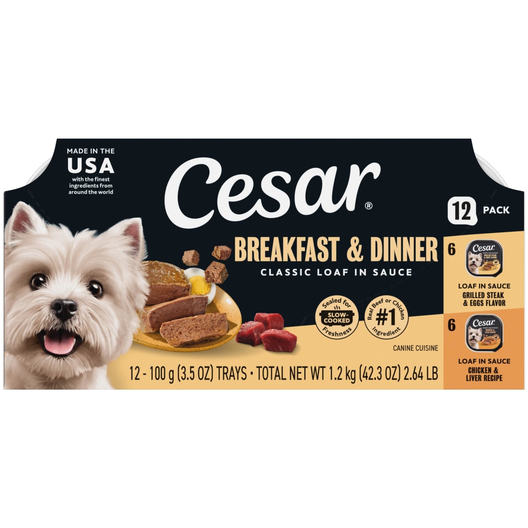 CESAR Wet Dog Food Classic Loaf in Sauce Breakfast and Dinner Mealtime Variety Pack, (12) 3.5 oz. Easy Peel Trays