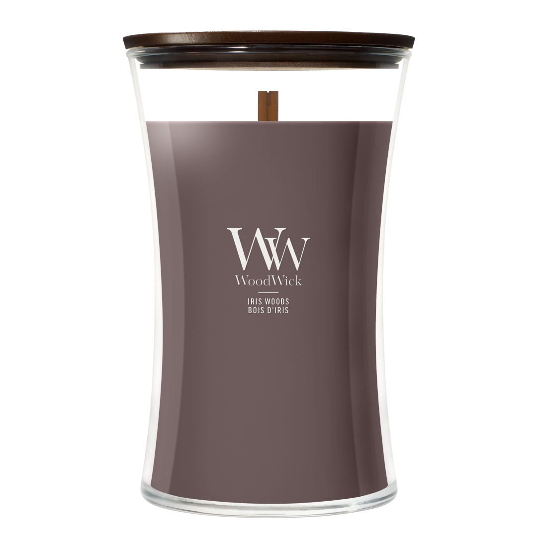 WoodWick Vela perfumada | Vela grande en forma de reloj de arena | Iris Woods | Regalos perfectos para mujeres