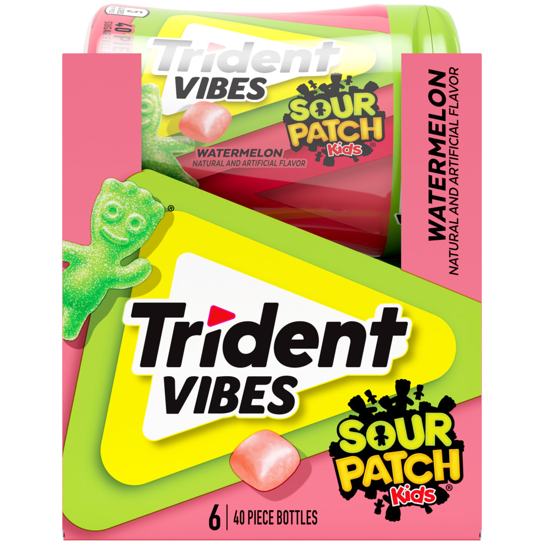 Trident Vibes SOUR PATCH KIDS Sugar Free Chewing Gum Watermelon 40 pc Bottles - 6 Pack