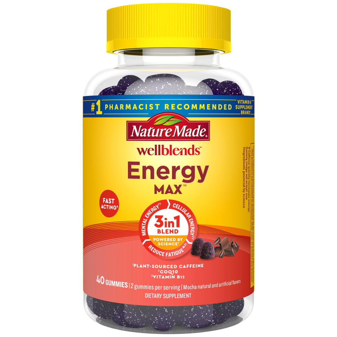 Nature Made Wellblends EnergyMAX Gummies, Fast Acting Caffeine, CoQ10 & Vitamin B12 1000mcg, Energy Support Gummy Vitamins, 40 Gummies